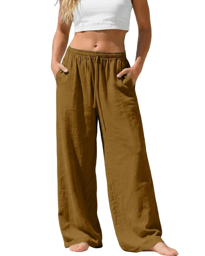 Amelia Pantaloni Palazzo Donna – Cotone e Lino, Vita Alta Elasticizzata con Tasche