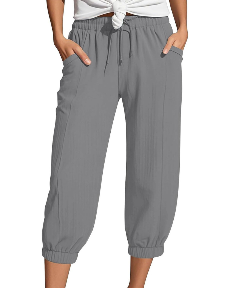 Sienna Pantaloni Capri Donna – Lino e Cotone, Vita Alta con Coulisse e Gamba Ampia