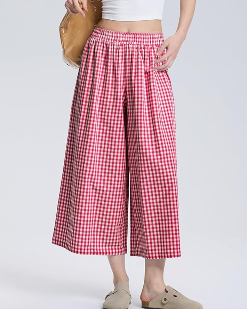 Lauren Pantaloni Capri Donna – Vita Elasticizzata, Gamba Larga e Fantasia a Righe o Quadri