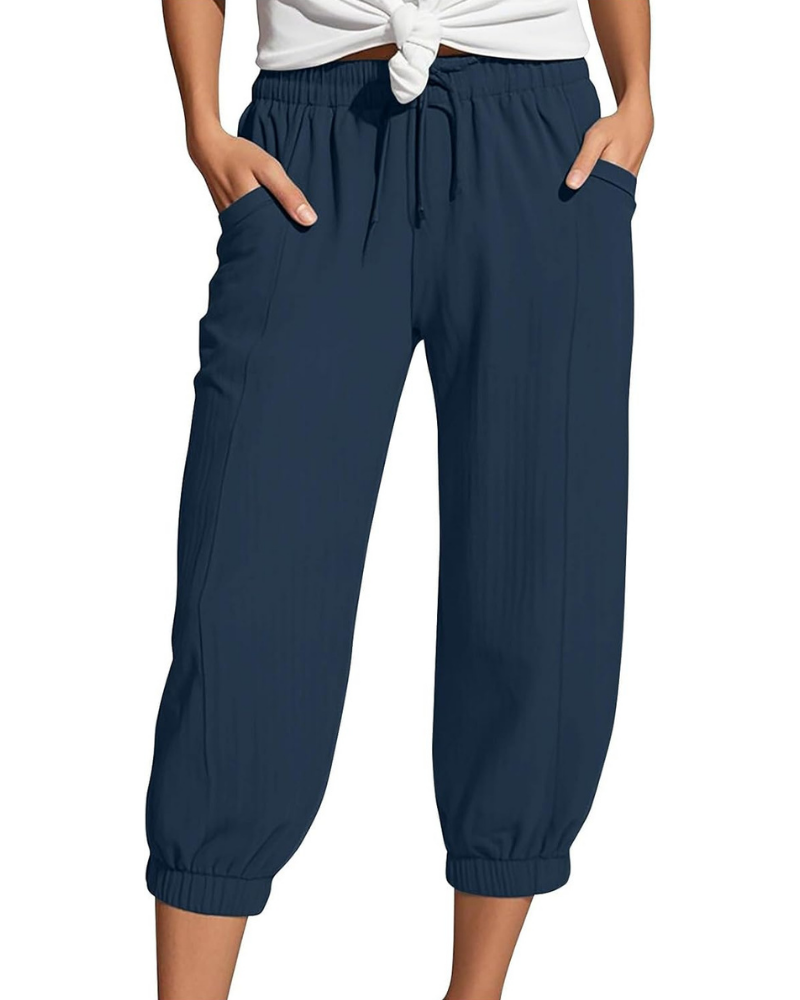 Sienna Pantaloni Capri Donna – Lino e Cotone, Vita Alta con Coulisse e Gamba Ampia