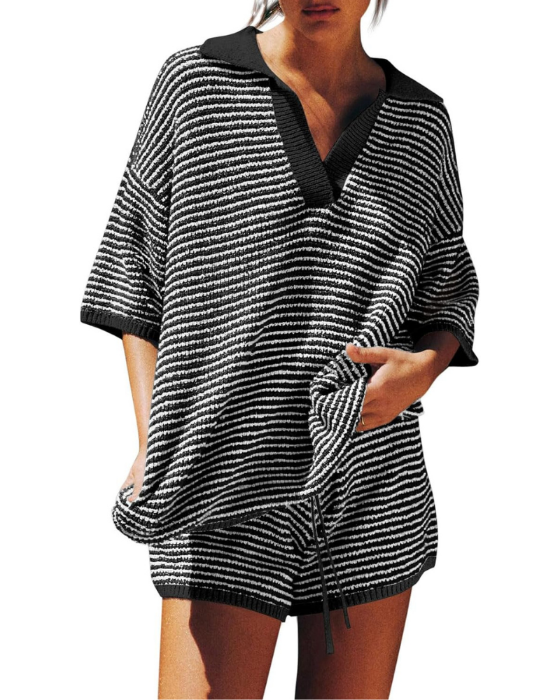 Greer Set Donna in Maglia – Top Oversize a V e Shorts a Vita Alta con Coulisse