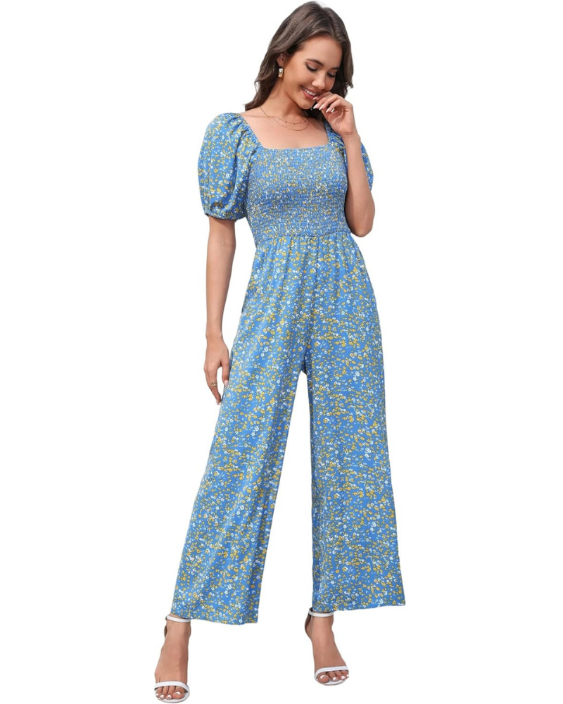 Cressida Tuta Donna Floreale – Corpetto Smock, Gamba Larga e Scollo Quadrato