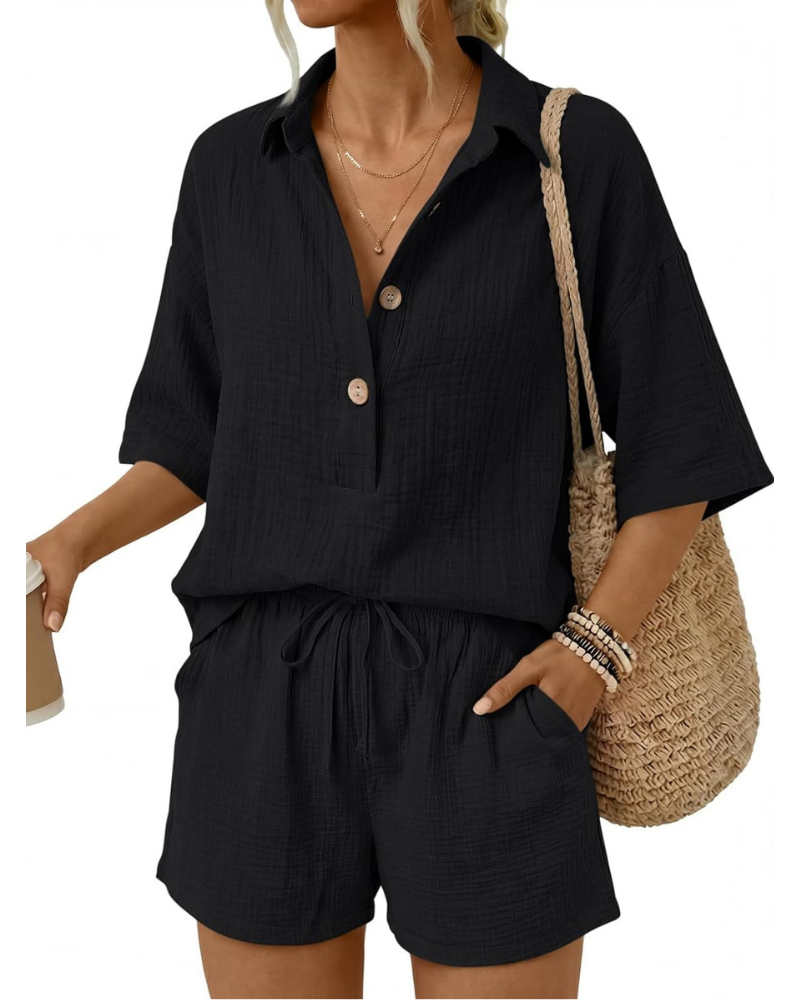 Sydney Set Donna in Cotone – Completo 2 Pezzi con Camicia Oversize e Shorts con Tasche