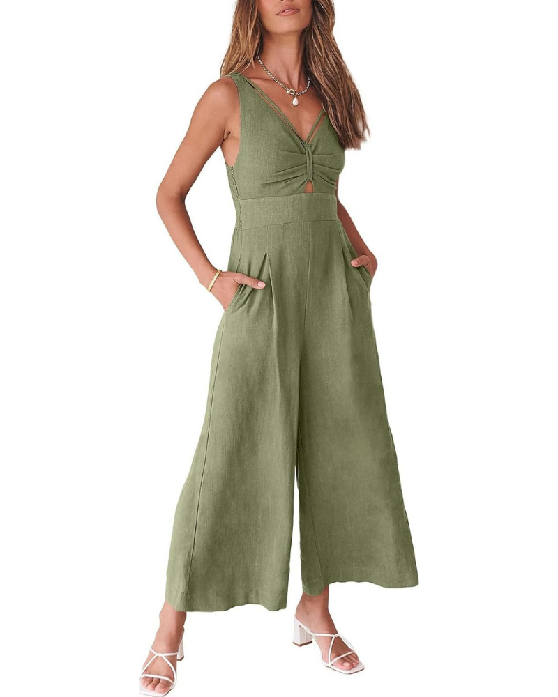 Verity Tuta Donna in Lino – Scollo a V, Cut-Out e Pantaloni a Gamba Larga
