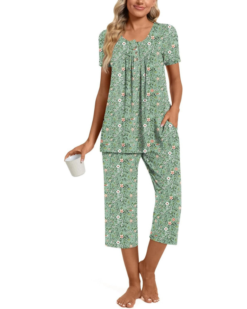 Morgan Pigiama Donna 2 Pezzi – Top Henley e Pantaloni Capri con Tasche, Taglie Comode