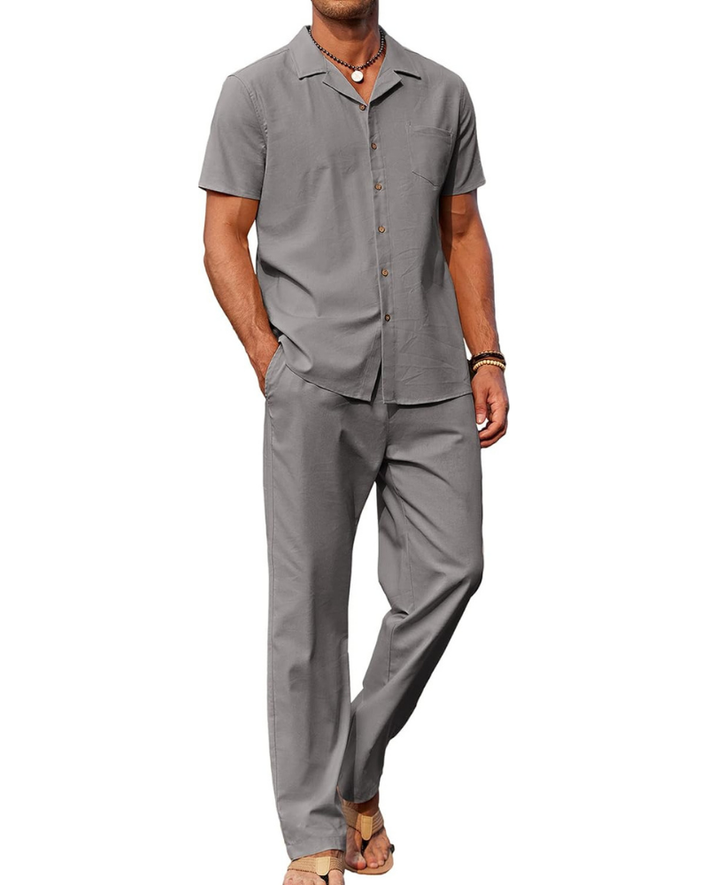 Ensemble Dawson Homme en Lin 2 Pièces – Chemise Cubaine et Pantalon Large avec Cordon de Serrage