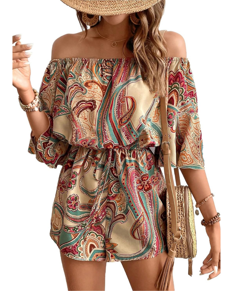 Clementine Pagliaccetto Donna Boho – Spalle Scoperte, Stampa Paisley e Vita Alta