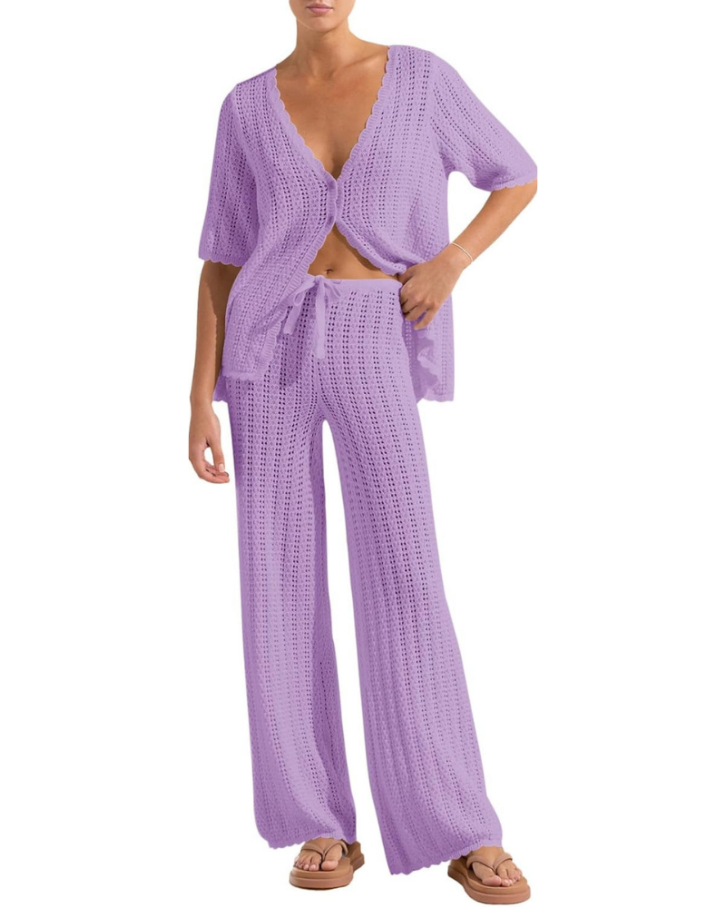 Sloane Set Copricostume Donna – Cardigan Crochet e Pantaloni Larghi con Coulisse