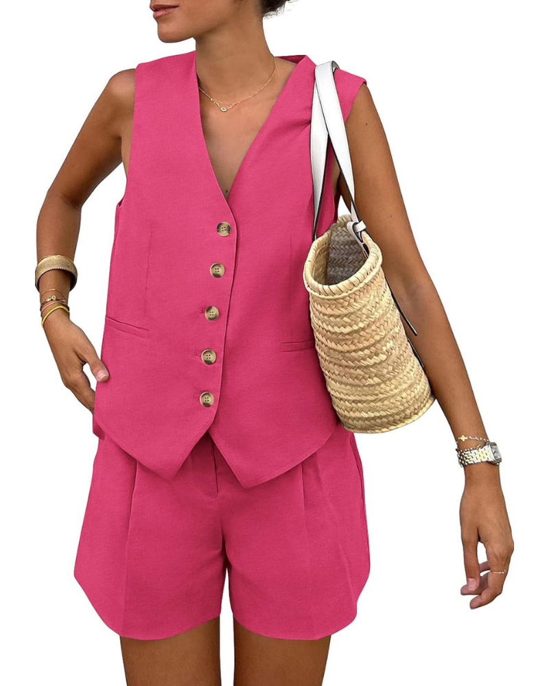 Brielle Set Donna 2 Pezzi – Gilet con Bottoni e Shorts a Vita Alta con Tasche