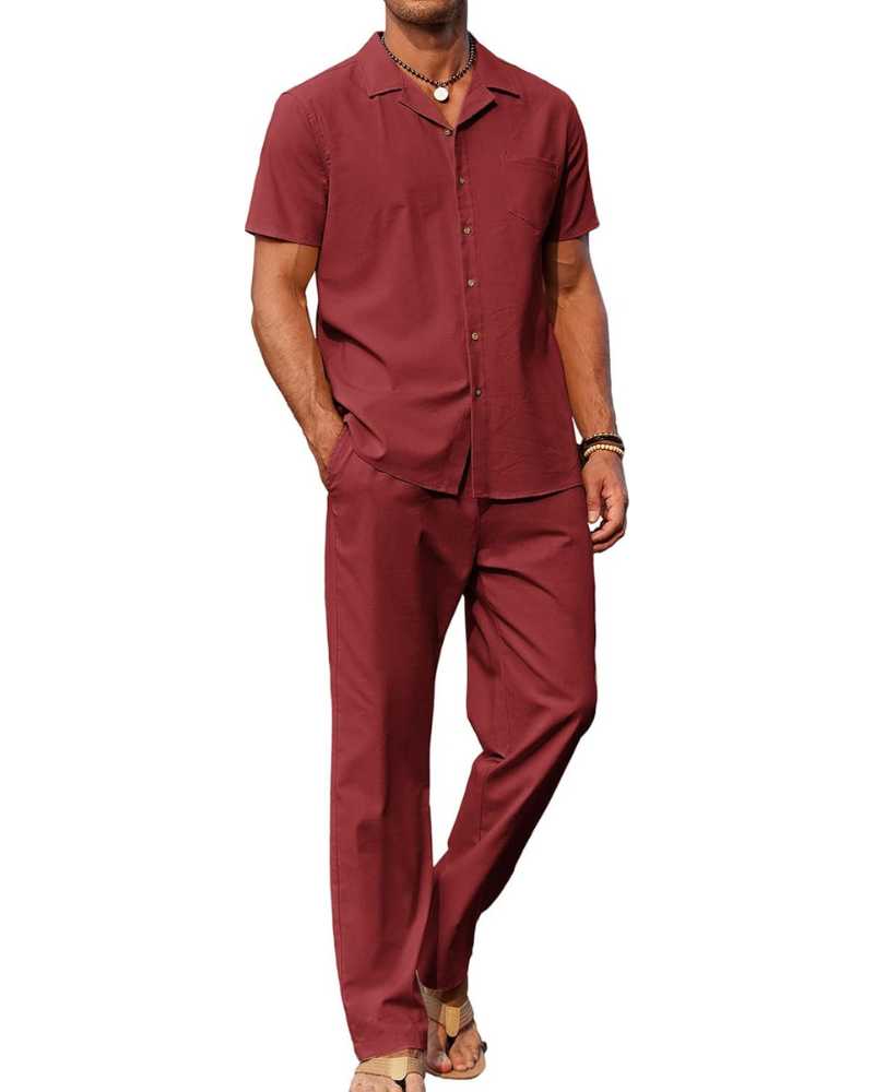 Ensemble Dawson Homme en Lin 2 Pièces – Chemise Cubaine et Pantalon Large avec Cordon de Serrage