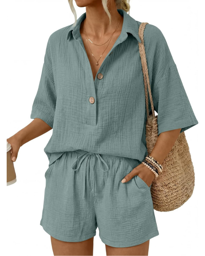 Sydney Set Donna in Cotone – Completo 2 Pezzi con Camicia Oversize e Shorts con Tasche
