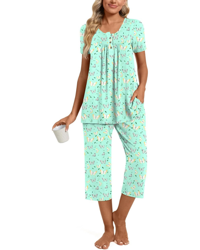 Morgan Pigiama Donna 2 Pezzi – Top Henley e Pantaloni Capri con Tasche, Taglie Comode