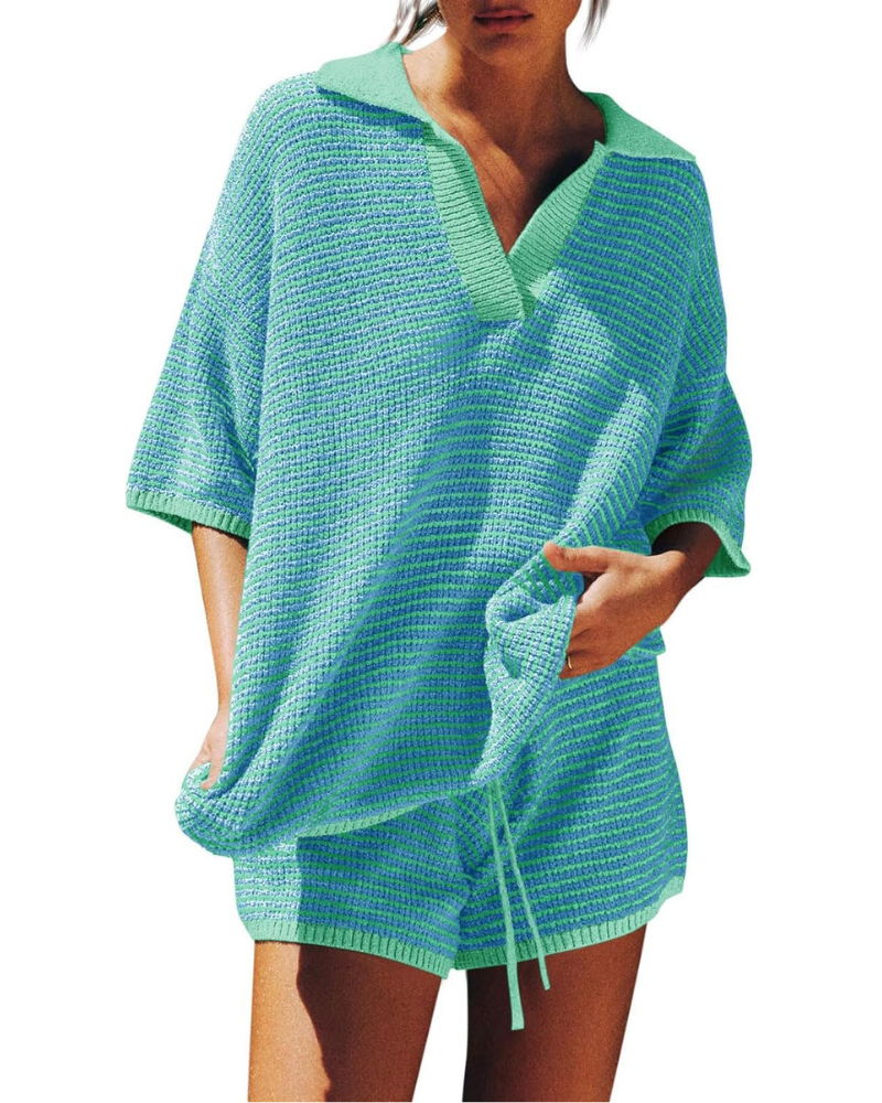 Greer Set Donna in Maglia – Top Oversize a V e Shorts a Vita Alta con Coulisse
