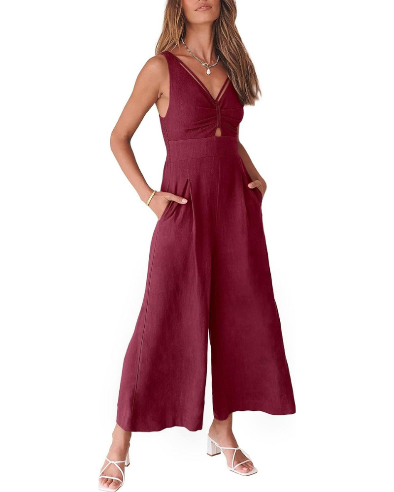 Verity Tuta Donna in Lino – Scollo a V, Cut-Out e Pantaloni a Gamba Larga