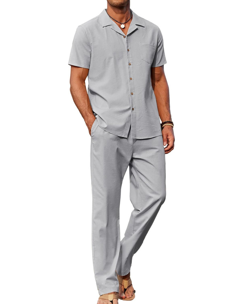 Ensemble Dawson Homme en Lin 2 Pièces – Chemise Cubaine et Pantalon Large avec Cordon de Serrage