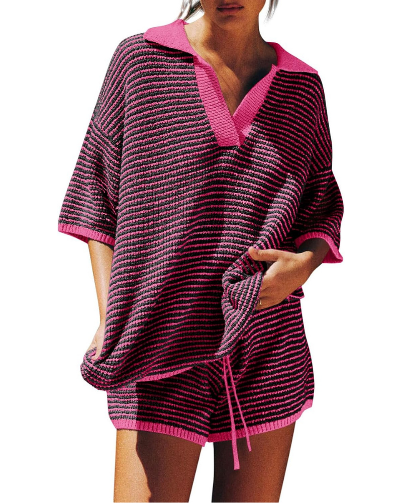 Greer Set Donna in Maglia – Top Oversize a V e Shorts a Vita Alta con Coulisse