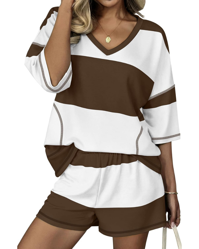Quinn Set Donna 2 Pezzi – Top Oversize a Righe con Tasche e Shorts Elasticizzati