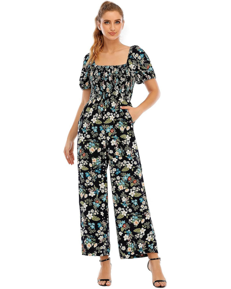 Cressida Tuta Donna Floreale – Corpetto Smock, Gamba Larga e Scollo Quadrato
