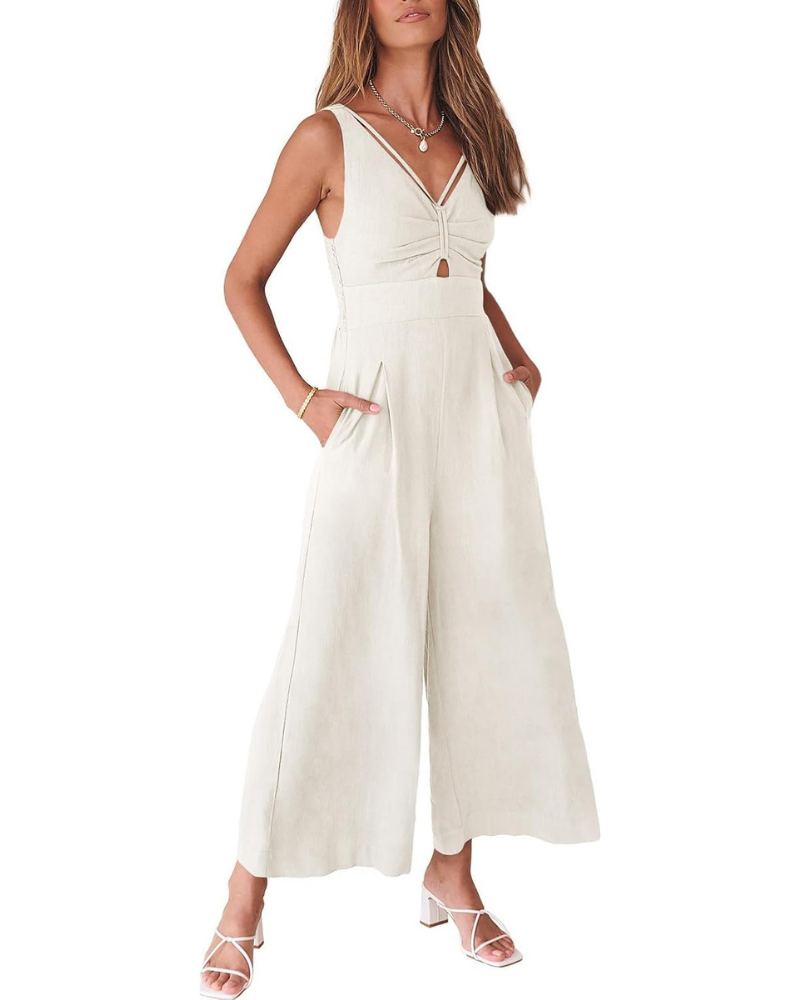 Verity Tuta Donna in Lino – Scollo a V, Cut-Out e Pantaloni a Gamba Larga