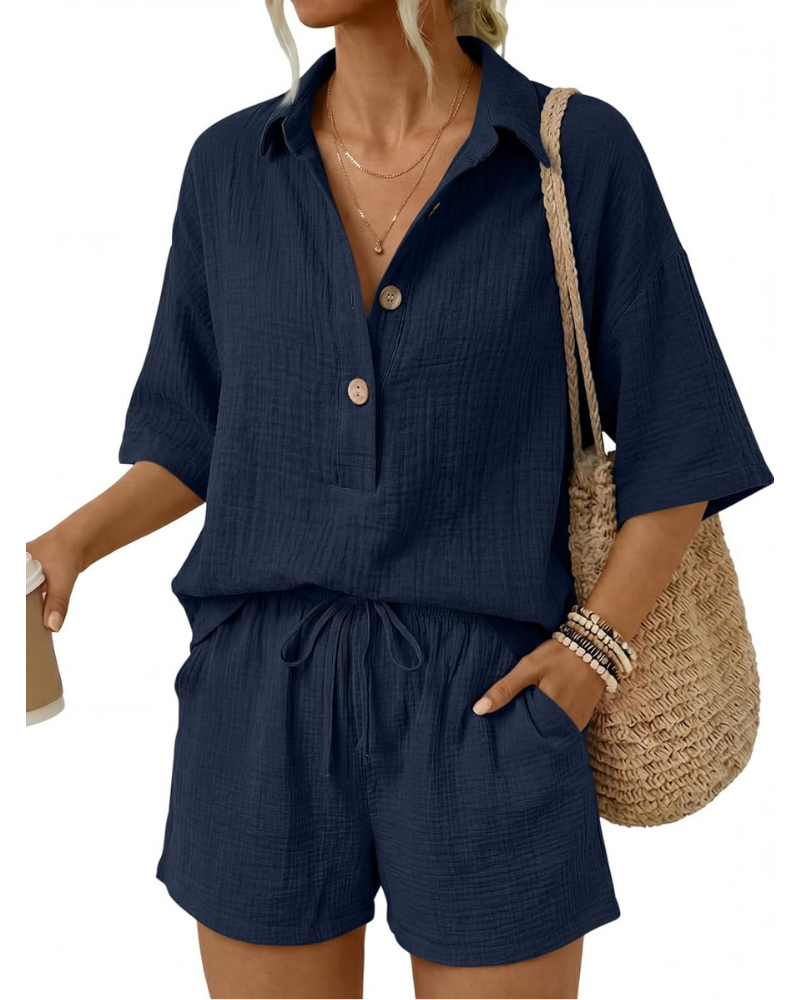 Sydney Set Donna in Cotone – Completo 2 Pezzi con Camicia Oversize e Shorts con Tasche