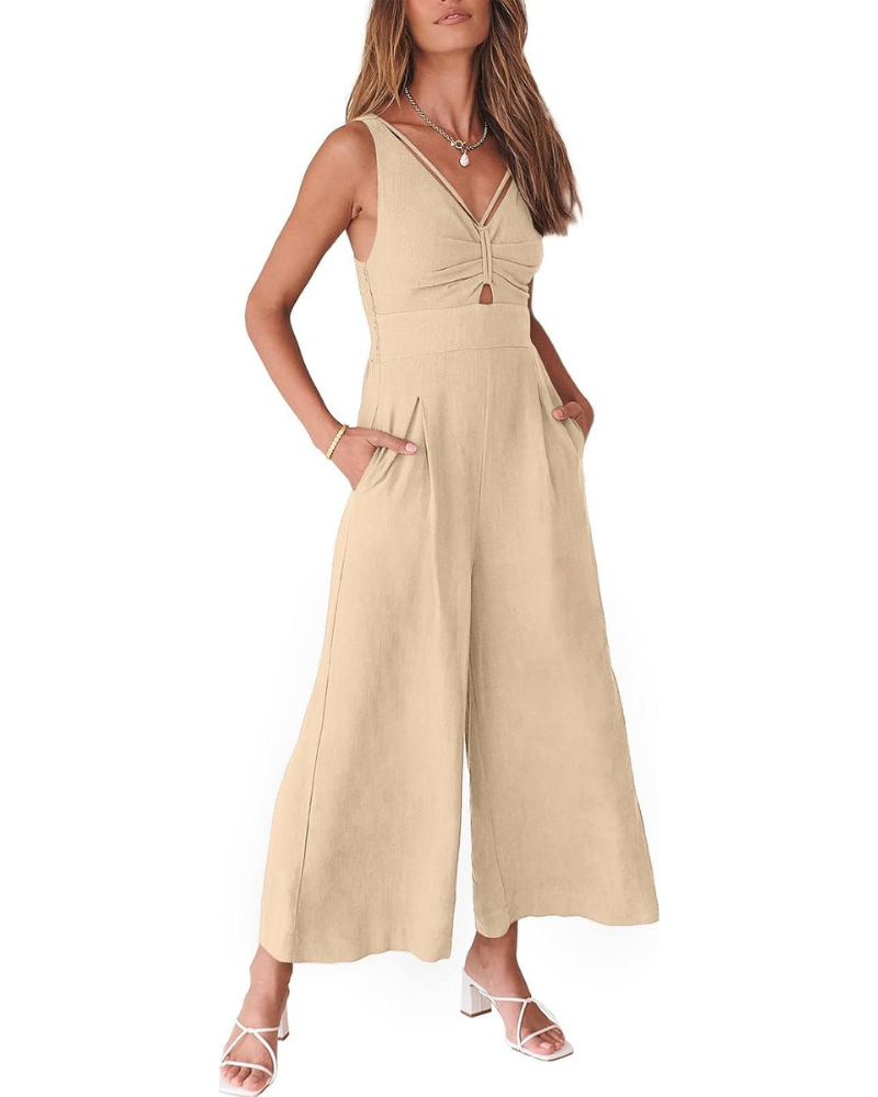 Verity Tuta Donna in Lino – Scollo a V, Cut-Out e Pantaloni a Gamba Larga