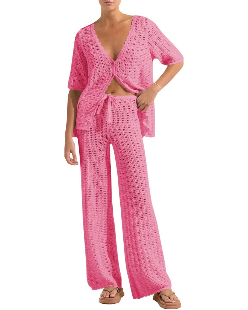 Sloane Set Copricostume Donna – Cardigan Crochet e Pantaloni Larghi con Coulisse