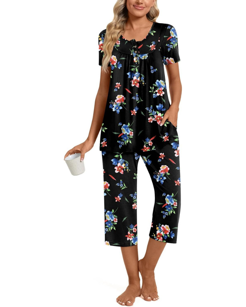 Morgan Pigiama Donna 2 Pezzi – Top Henley e Pantaloni Capri con Tasche, Taglie Comode