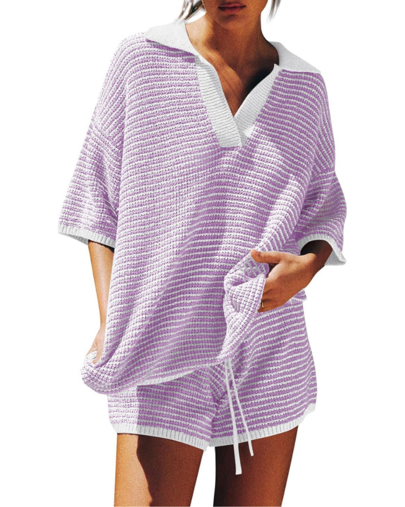 Greer Set Donna in Maglia – Top Oversize a V e Shorts a Vita Alta con Coulisse
