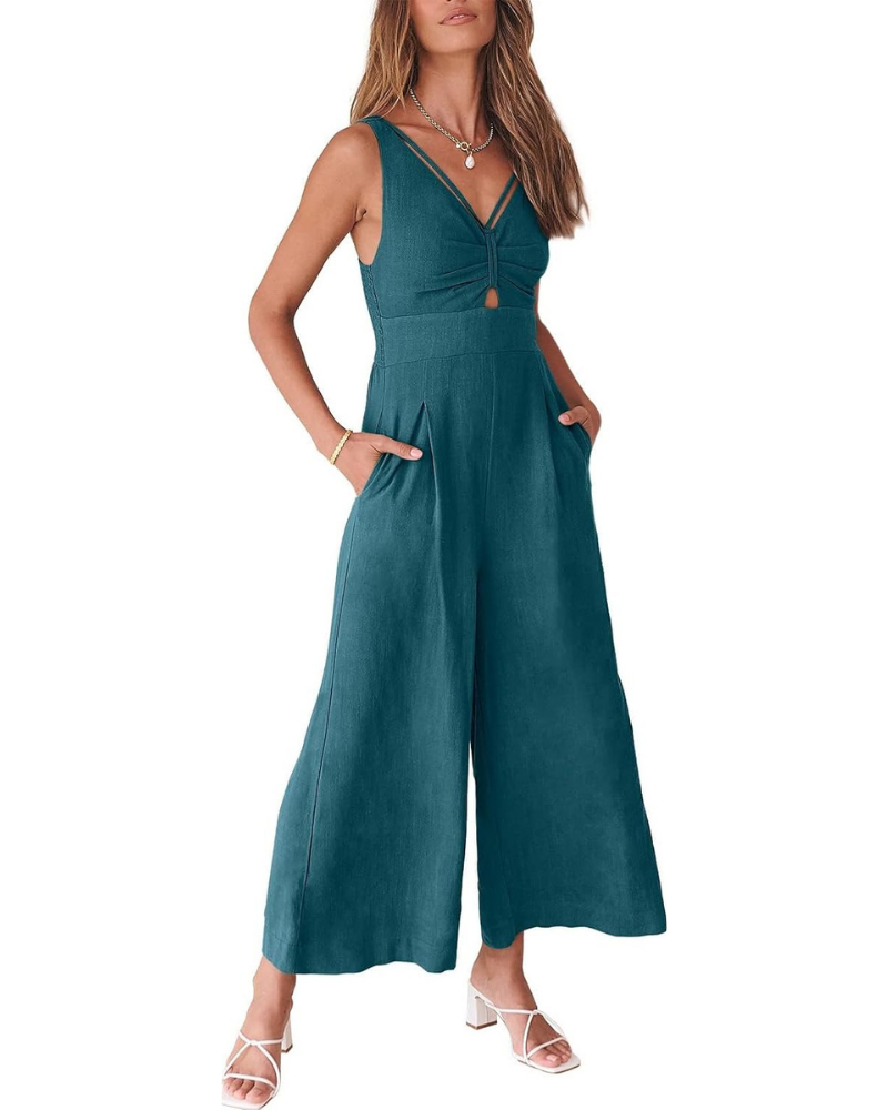 Verity Tuta Donna in Lino – Scollo a V, Cut-Out e Pantaloni a Gamba Larga