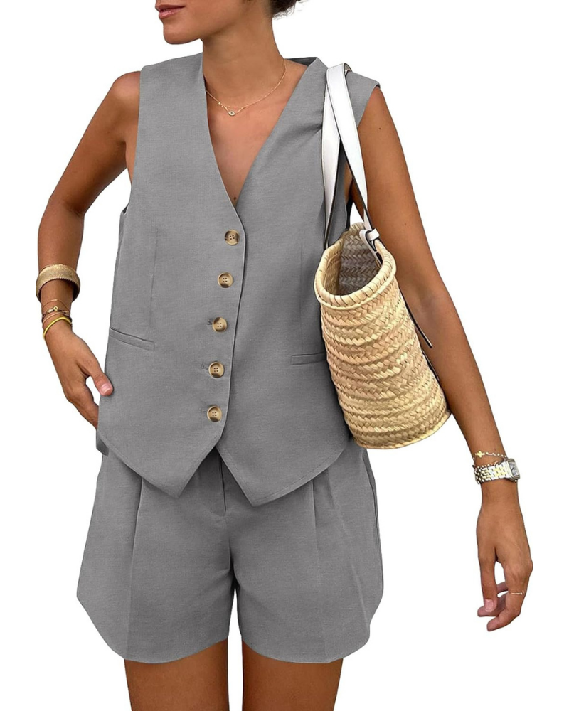 Brielle Set Donna 2 Pezzi – Gilet con Bottoni e Shorts a Vita Alta con Tasche