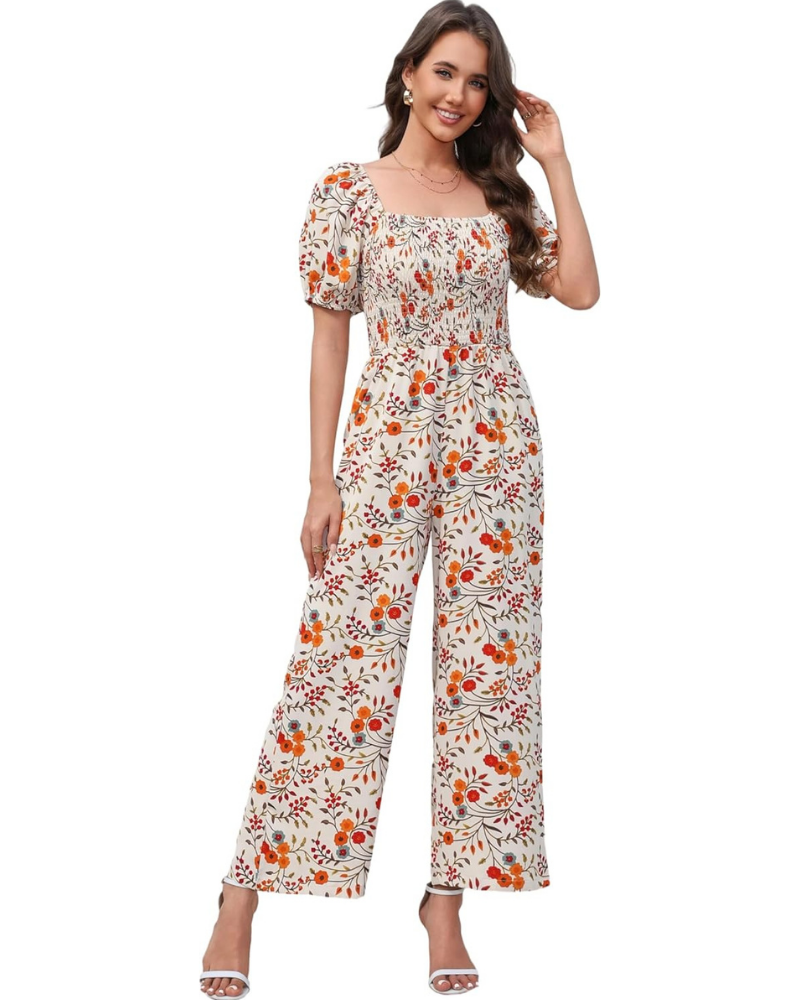 Cressida Tuta Donna Floreale – Corpetto Smock, Gamba Larga e Scollo Quadrato