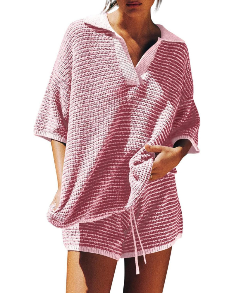Greer Set Donna in Maglia – Top Oversize a V e Shorts a Vita Alta con Coulisse