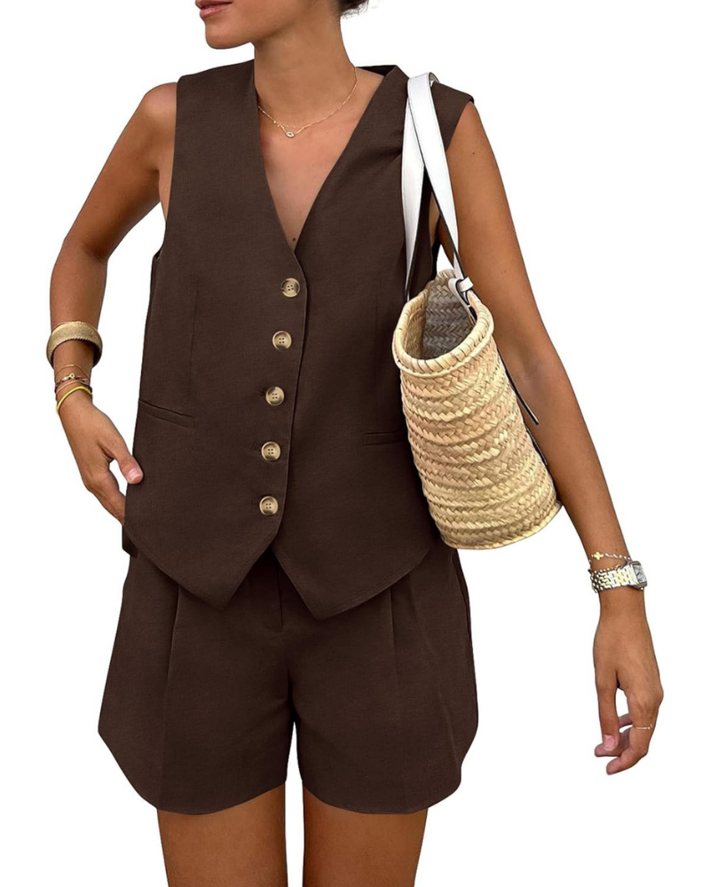 Brielle Set Donna 2 Pezzi – Gilet con Bottoni e Shorts a Vita Alta con Tasche