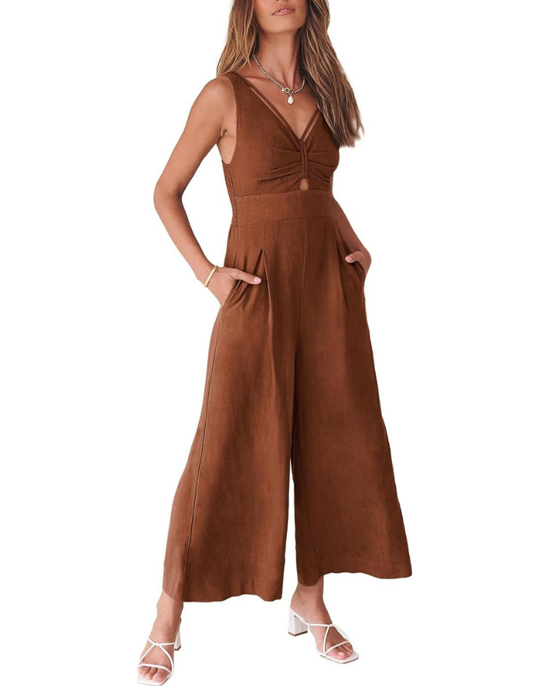 Verity Tuta Donna in Lino – Scollo a V, Cut-Out e Pantaloni a Gamba Larga