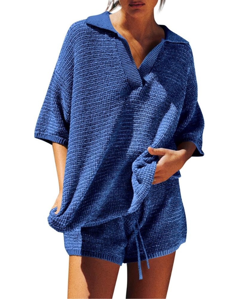 Greer Set Donna in Maglia – Top Oversize a V e Shorts a Vita Alta con Coulisse