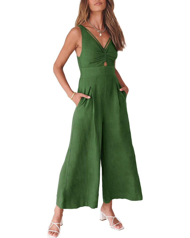 Verity Tuta Donna in Lino – Scollo a V, Cut-Out e Pantaloni a Gamba Larga