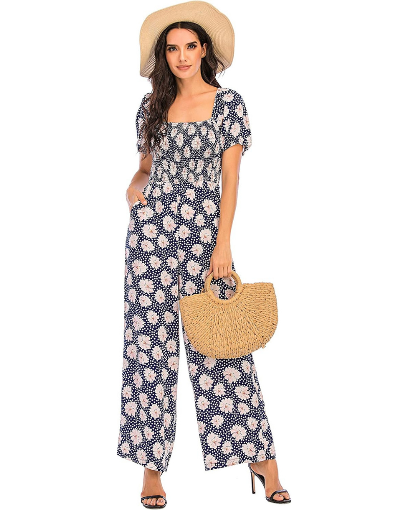 Cressida Tuta Donna Floreale – Corpetto Smock, Gamba Larga e Scollo Quadrato