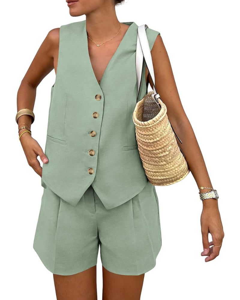 Brielle Set Donna 2 Pezzi – Gilet con Bottoni e Shorts a Vita Alta con Tasche