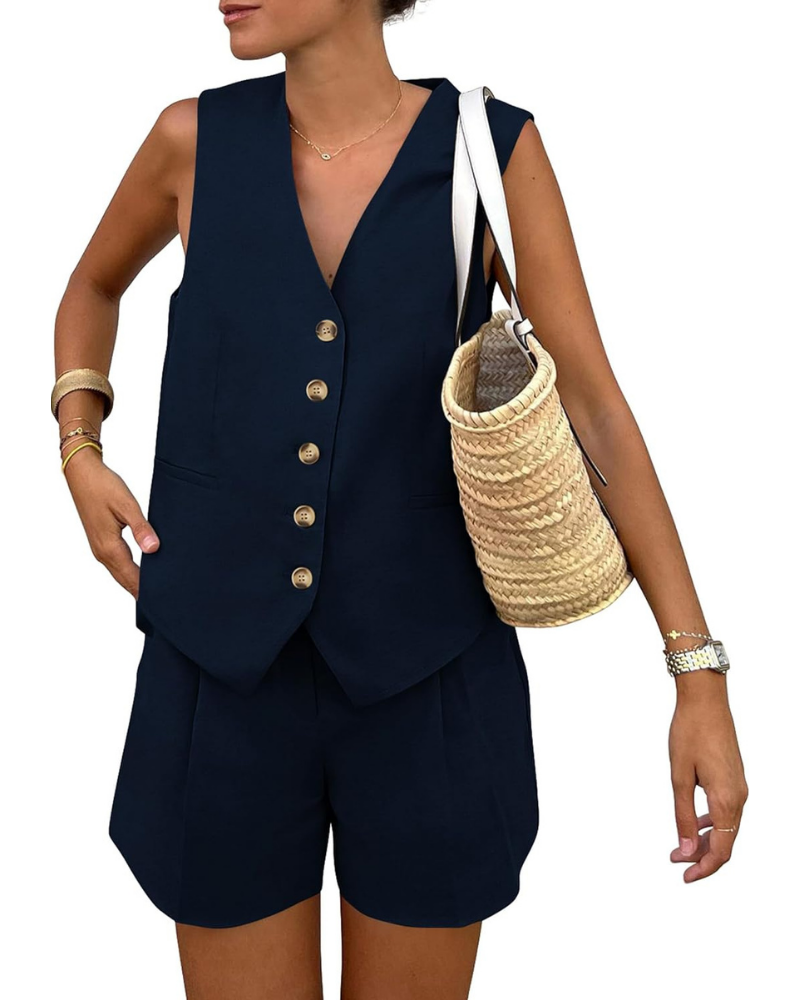 Brielle Set Donna 2 Pezzi – Gilet con Bottoni e Shorts a Vita Alta con Tasche