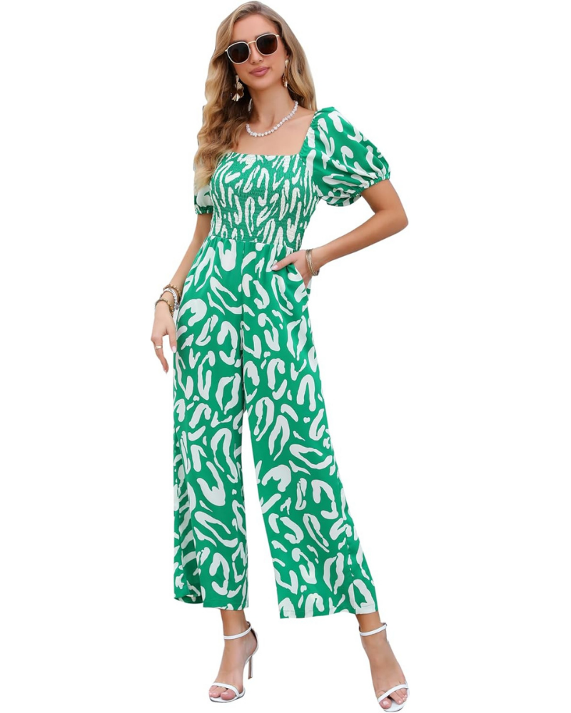 Cressida Tuta Donna Floreale – Corpetto Smock, Gamba Larga e Scollo Quadrato