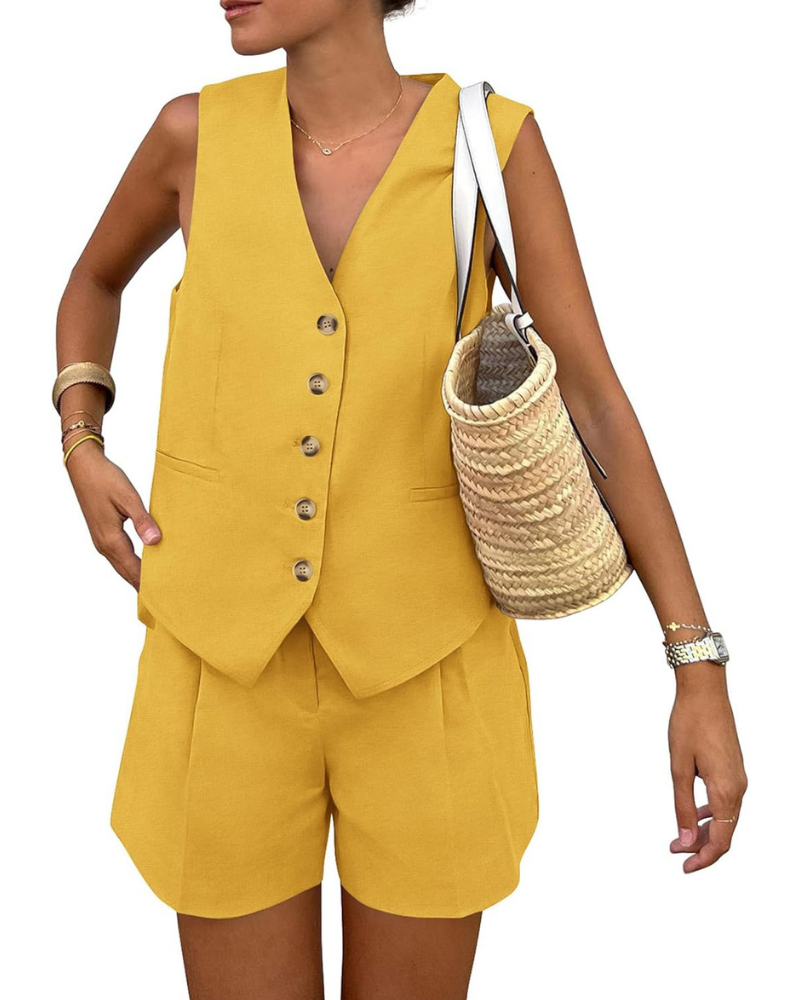 Brielle Set Donna 2 Pezzi – Gilet con Bottoni e Shorts a Vita Alta con Tasche