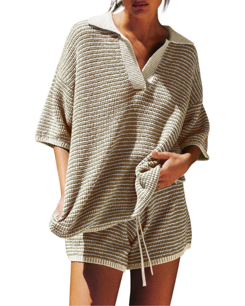 Greer Set Donna in Maglia – Top Oversize a V e Shorts a Vita Alta con Coulisse