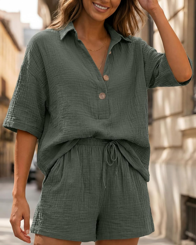 Sada Sydney Donna z bavlny – 2dílný komplet s oversized košilí a šortkami s kapsami