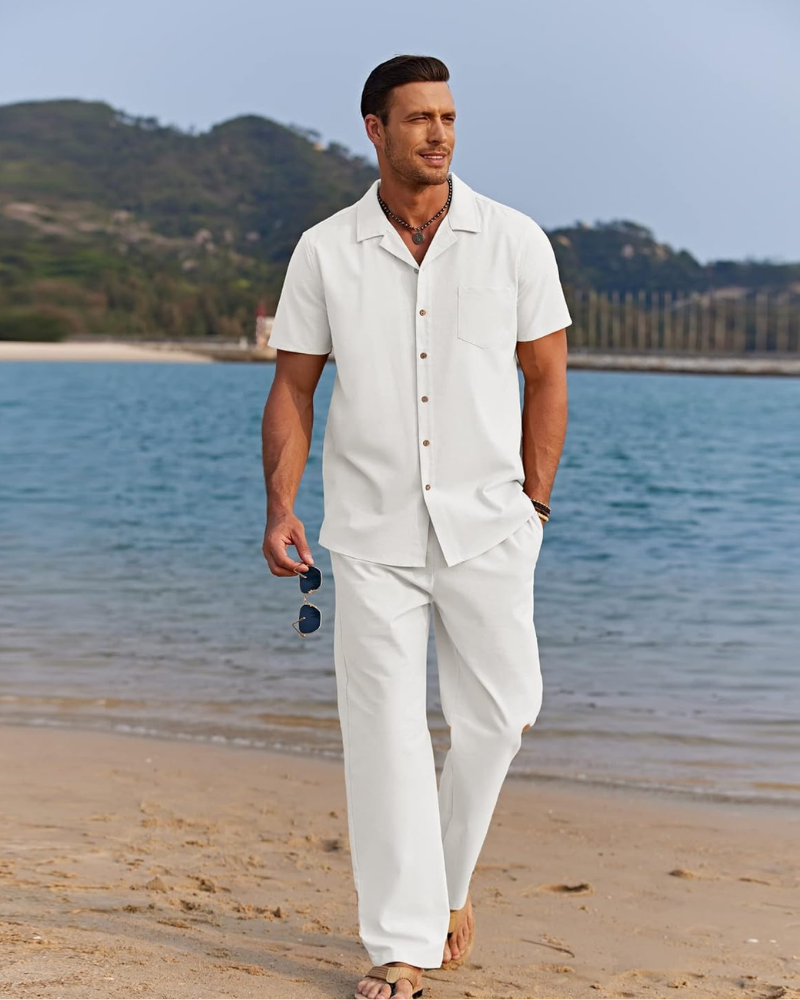 Dawson Set Uomo in Lino 2 Pezzi – Camicia Cubana e Pantaloni Larghi con Coulisse