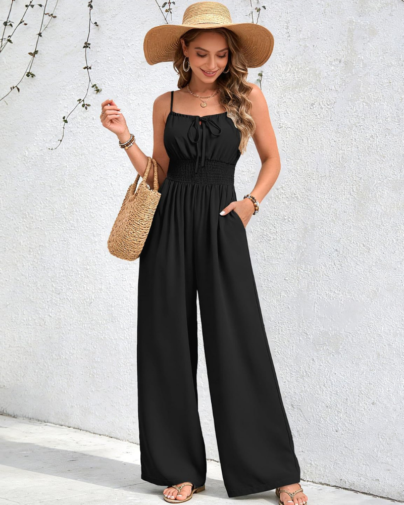 Elowen Tuta Femme à Jambe Large – Encolure Carrée, Taille Smockée et Poches