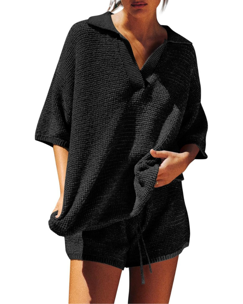 Greer Set Donna in Maglia – Top Oversize a V e Shorts a Vita Alta con Coulisse