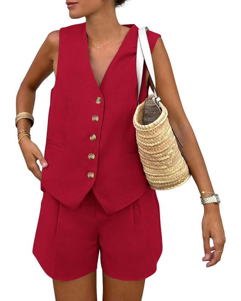 Brielle Set Donna 2 Pezzi – Gilet con Bottoni e Shorts a Vita Alta con Tasche