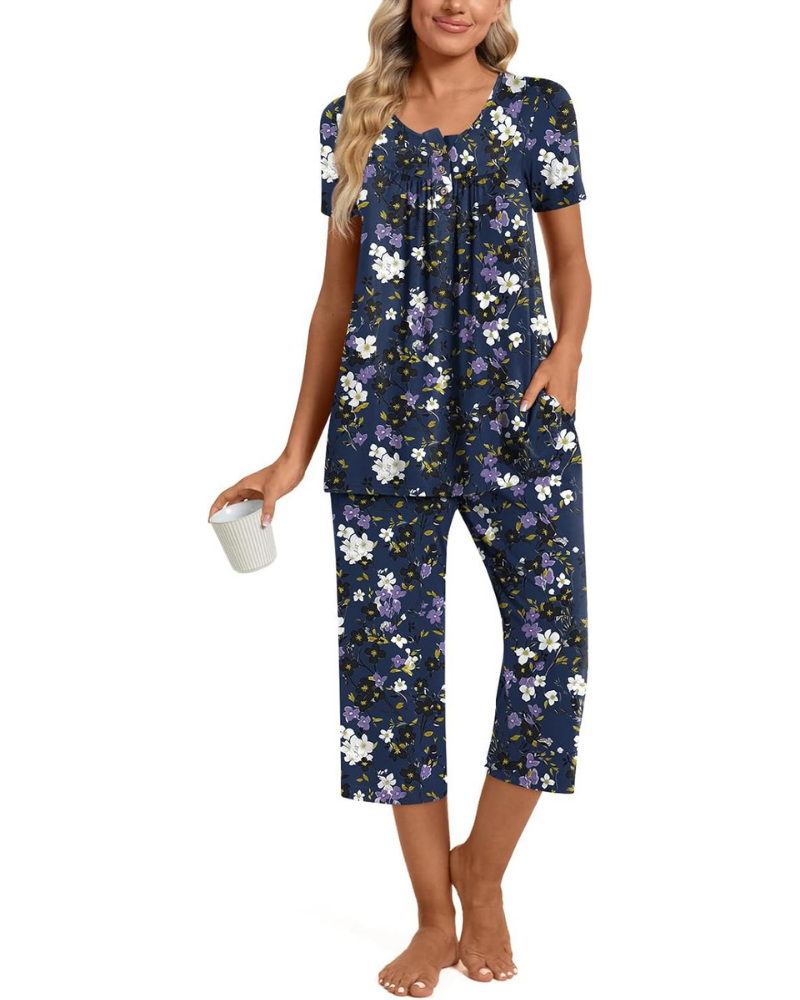 Morgan Pigiama Donna 2 Pezzi – Top Henley e Pantaloni Capri con Tasche, Taglie Comode