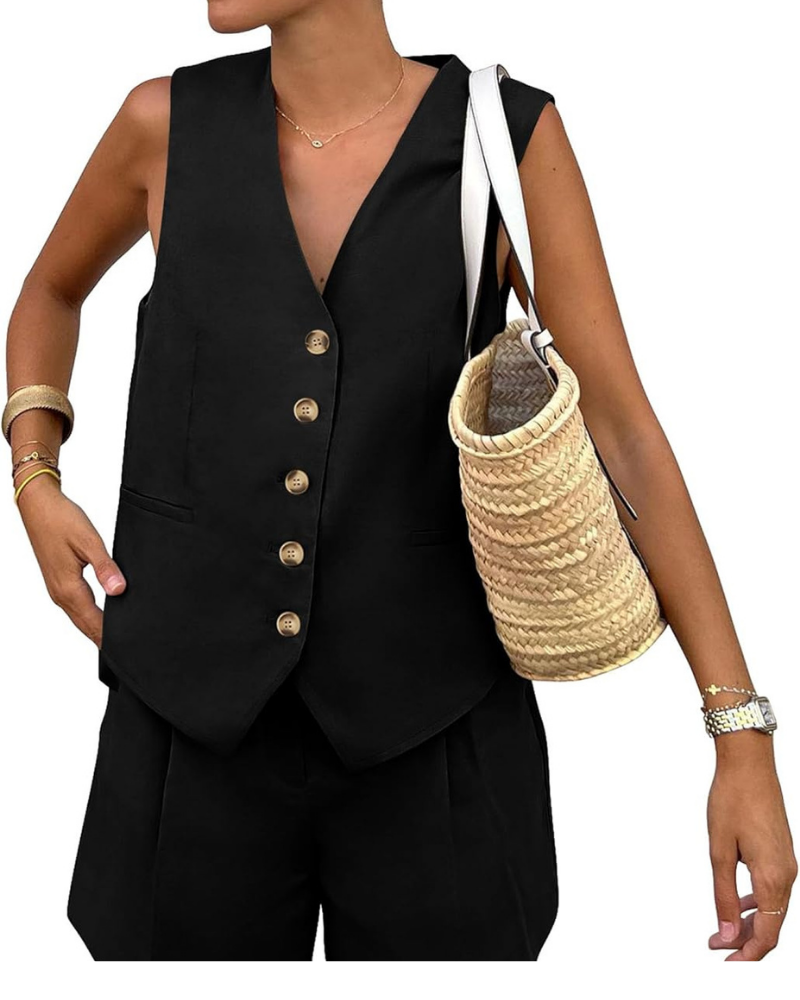 Brielle Women's 2-Piece Set – Buttoned Vest and High-Waisted Shorts with Pockets