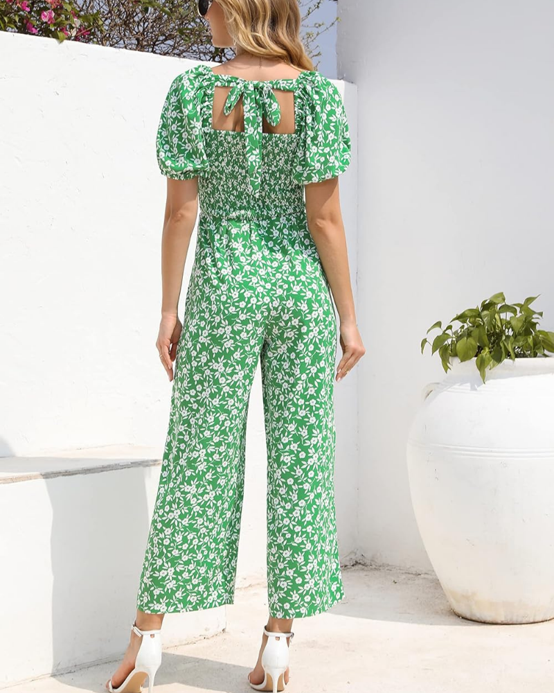 Cressida Tuta Femme Florale – Corsage Smock, Jambe Large et Encolure Carrée